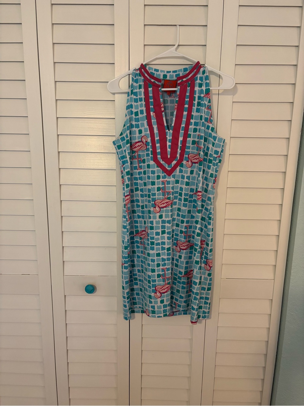 Womans Sleeveless Teal Flamingo Print Shift Dress with Pink Trim.Tracy Negoshian